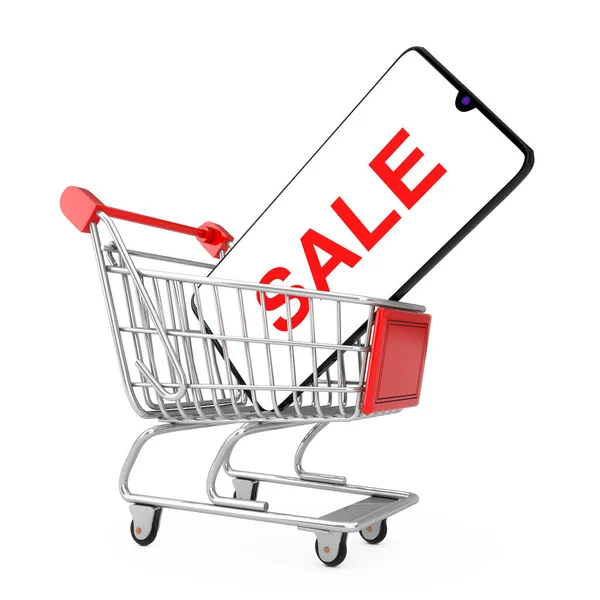 Mobiltelefon Mit Verkaufsschild Einkaufswagen Auf Weißem Hintergrund Darstellung — Stockfoto