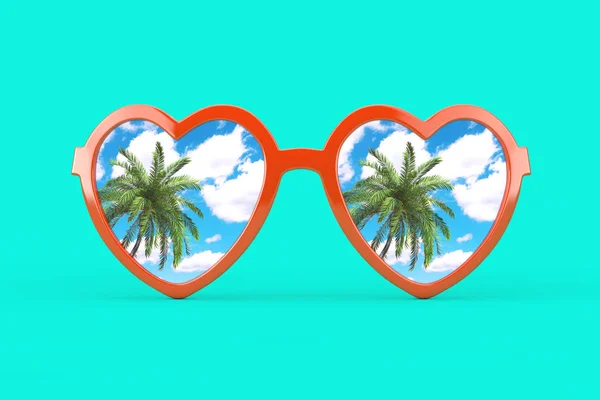 Zomervakantie Concept Blue Skies Met Palm Reflecting Beach Sunglasses Heart — Stockfoto