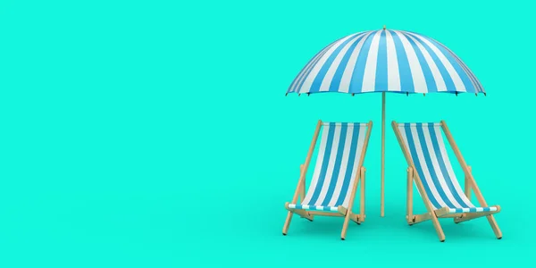 Two Beach Relax Pool Chairs Under Sunshade on a blue background. 3d Rendering