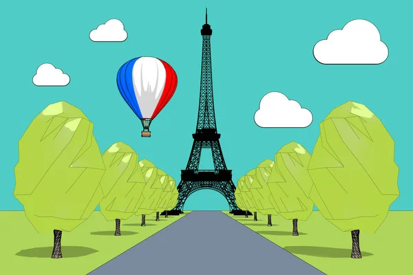 旅行到法国的概念 热气球在天空中与法国国旗在埃菲尔铁塔之上的素描和图恩风格的极端特写 3D渲染 — 图库照片