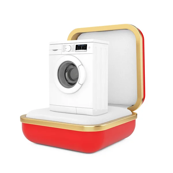 Modern White Washing Machine Red Gift Box Pada Latar Belakang — Stok Foto