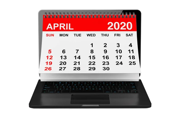 Календарь 2020 Года Апрель Календарь Экране Ноутбука Белом Фоне Рендеринг — стоковое фото