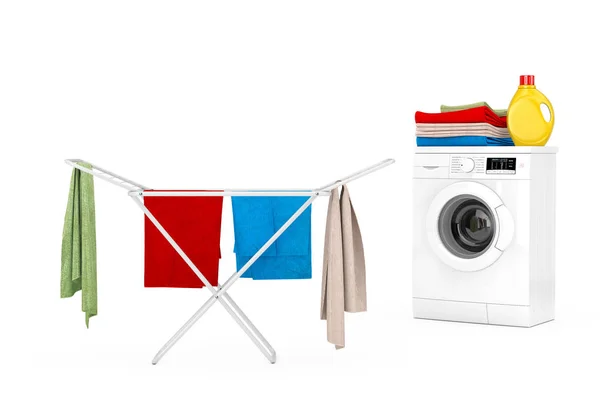 Clothes over White Folding Metal Clothes Drying Rack near White Modern Washing Machine with Detergent Bottle and Pile of Clothes on a white background. 3d Rendering