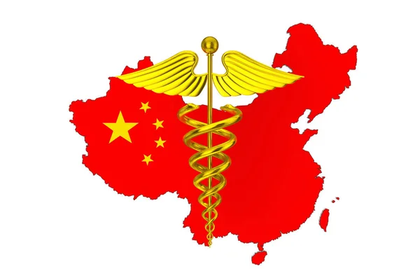 Símbolo Caduceo Médico Dorado Frente China Mapa Con Bandera Sobre —  Fotos de Stock