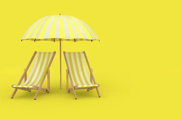 Sarı Arka Planda Sunshade Altında Plaj Gevşeme Havuz Sandalyesi Hazırlama — Stok fotoğraf