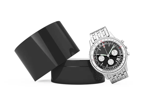 Luxury Classic Analog Men Wrist Silver Watch Gift Box White — Stock Photo, Image