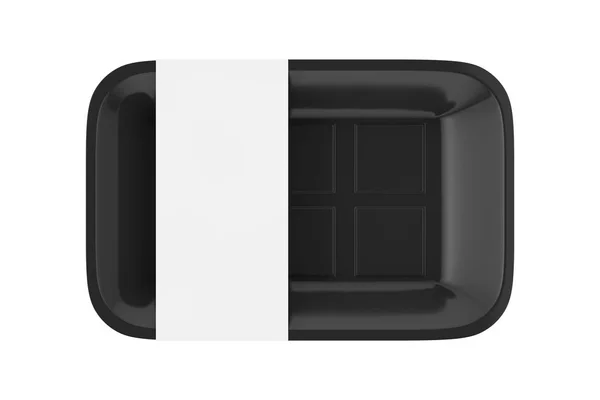 Empty Black Plastic Food Container Tray Package Com Etiqueta Branco — Fotografia de Stock