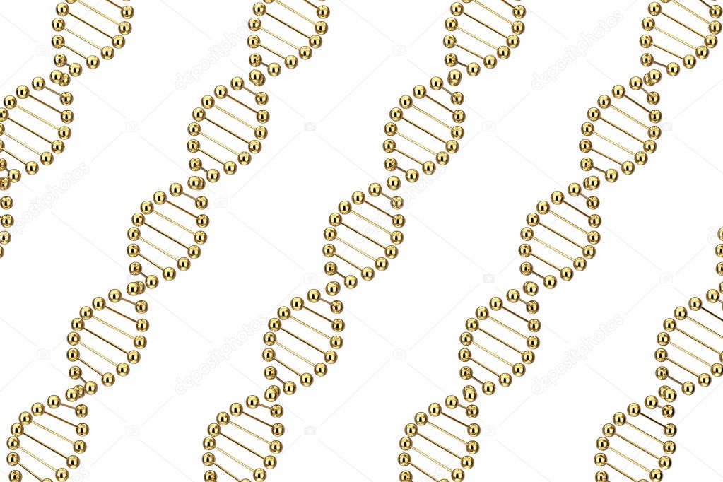 Science Concept. Rows of Metal Golden DNA Molecule Spiral on a white background. 3d Rendering