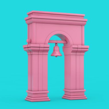 Mavi arka planda Archway ve Duotone Style 'da Asılı Zil olan Pembe Çan Kulesi. 3d Hazırlama