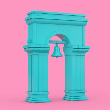 Mavi Çan Kulesi, Archway ve Duotone Style 'da asılı çan pembe arka planda. 3d Hazırlama