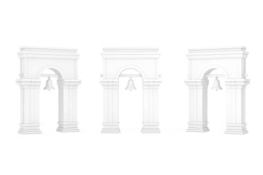 Beyaz arka planda Archway ve Zil 'i Clay Style' da sallandıran Beyaz Çan Kulesi. 3d Hazırlama