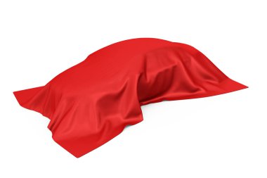 Sürpriz, Ödül veya Ödül Konsepti. Beyaz ipek bezle kaplı beyaz arka planda gizli bir Sedan Car. 3d Hazırlama