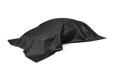 Sürpriz, Ödül veya Ödül Konsepti. Beyaz arka planda siyah ipek kumaşla kaplı gizli bir Sedan Car. 3d Hazırlama