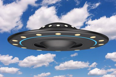 UFO kavramı. Uzaylı uzay gemisi mi yoksa mavi gökyüzü arka planında uçan daire mi? 3d Hazırlama