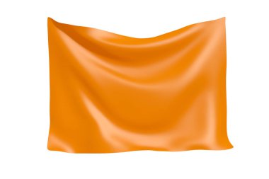 Tekstil kumaş bayrağı. Tasarımınız için Beyaz Arkaplanda Boş Alan ile Orange Cloth Banner Asmak. 3d Hazırlama