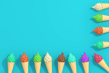 Mavi arka planda, Waffle Çıtır Dondurma külahında, Çok Renkli Yumuşak Dondurma. 3d Hazırlama