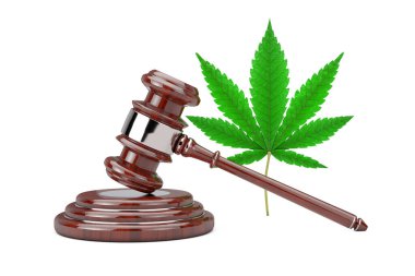 Beyaz arka planda Kırmızı Tahta Yargıç Gavel ile Yeşil Kenevir Yaprağı. 3d Hazırlama