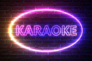 Tuğla duvarın önünde Karaoke İşareti olan Elipse Neon Işık Çerçevesi. 3d Hazırlama
