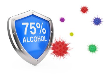 Antiviral Dezenfeksiyon Konsepti. % 75 oranında Alkol Dezenfektanı Beyaz arka planda Virüs veya Bakterilerden Korunur. 3d Hazırlama