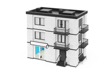 Beyaz arka planda, Şehir Beyaz Tuğla Sarayı 'ndaki dükkan. 3d Hazırlama