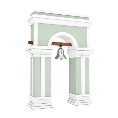 Beyaz arka planda Archway ve Asma Çan olan Bell Kulesi. 3d Hazırlama
