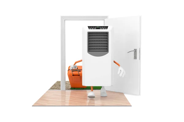 购买家用电器的概念 便携式移动房间空调机作为角色人物 带着一个手提箱穿过大门来到了房子的白色背景 3D渲染 — 图库照片