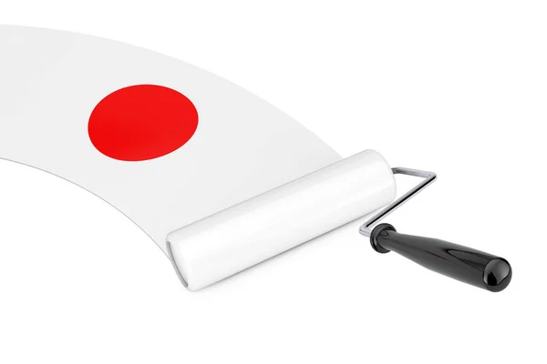 Szczotka Farb Roller Japońską Flagą Białym Tle Renderowanie — Zdjęcie stockowe