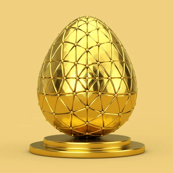 Ovo Páscoa Dourado Pedestal Dourado Fundo Amarelo Renderização — Fotografia de Stock