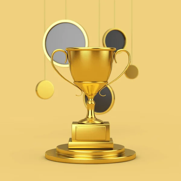Golden Award Trophy Cup Golden Pedestal Hanging Abstract Circles Yellow — Stock Photo, Image