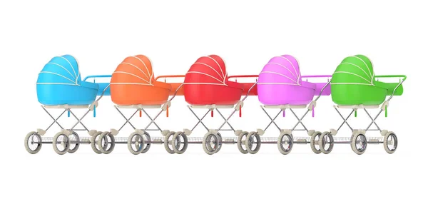 Рядок Сучасних Різнокольорових Дитячих Перевезень Stroller Prams Білому Тлі Рендерингу — стокове фото