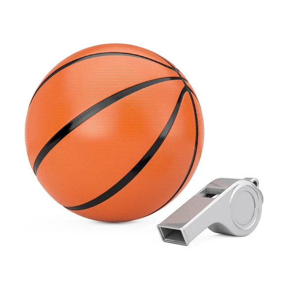 클래식 Classic Metal Coaches Whistle 농구볼 Basketball Ball 배경이다 렌더링 — 스톡 사진