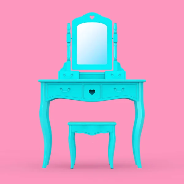 古雅的睡房虚荣的蓝桌 与斯托尔和镜像的杜通风格的粉红背景 3D渲染 — 图库照片