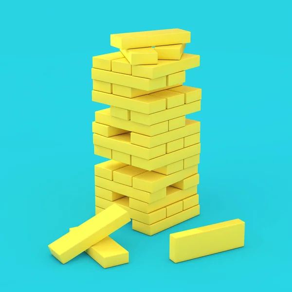 Stack Yellow Brick Block Cubes Stylu Duotone Niebieskim Tle Renderowanie — Zdjęcie stockowe