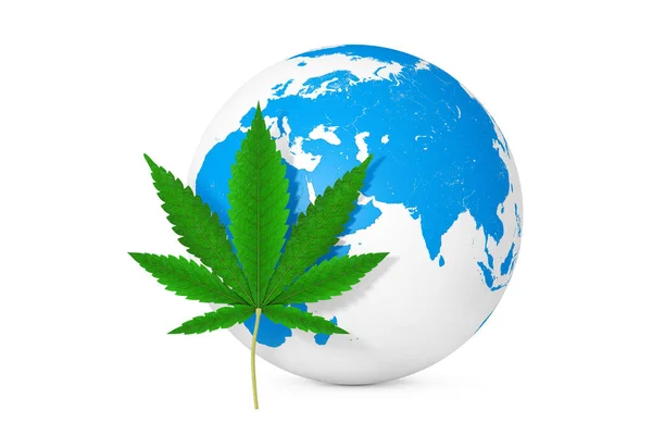 白い背景に地球の前にある医療用マリファナか大麻麻の葉 3Dレンダリング — ストック写真