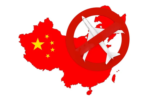 コロナウイルスCovid 19による中国への及び中国からの飛行禁止 赤が禁止されている旗と飛行機で中国の地図白い背景に標識 3Dレンダリング — ストック写真