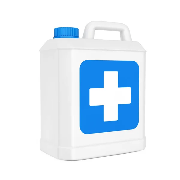 Vit Plast Desinfektionsmedel Flaska Med Blå Kors Etikett Vit Bakgrund — Stockfoto
