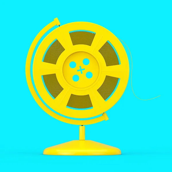 Yellow Film Reel with Cinema Tape in the Shape of Earth Globe as Duotone Style on a blue background. 3d Rendering