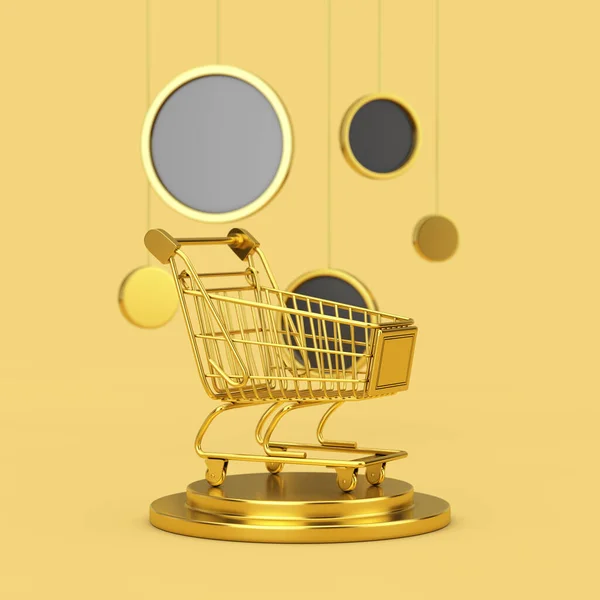 Golden Shopping Cart Χρυσό Βάθρο Κρεμαστούς Αφηρημένους Κύκλους Κίτρινο Φόντο — Φωτογραφία Αρχείου