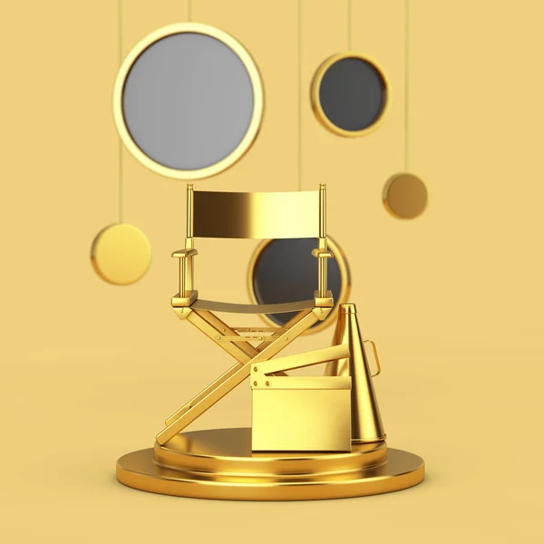 Golden Director Chair Movie Clapper Megaphone Pedestal Dourado Com Hanging — Fotografia de Stock