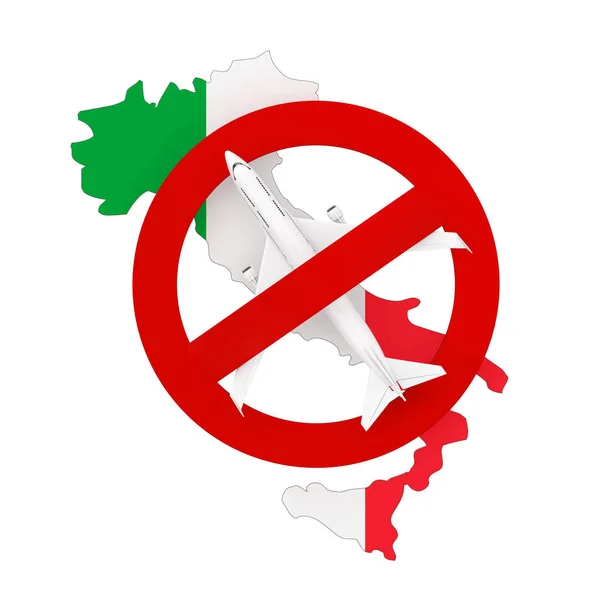 由于Coronavirus Covid 禁止往返意大利的航班 意大利地图的白色背景上有国旗和红色禁止标志的飞机 3D渲染 — 图库照片