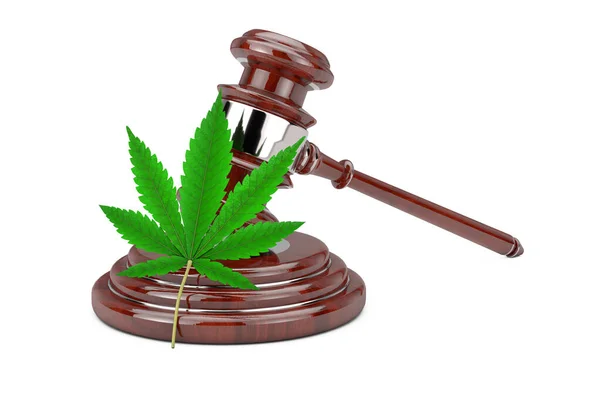 Grünes Cannabisblatt mit rotem Holzrichter Gavel auf weißem Hintergrund. 3D-Darstellung — Stockbild Grünes Cannabisblatt Mit Rotem Holzrichter Gavel Auf Weißem Hintergrund Darstellung — Stockfoto