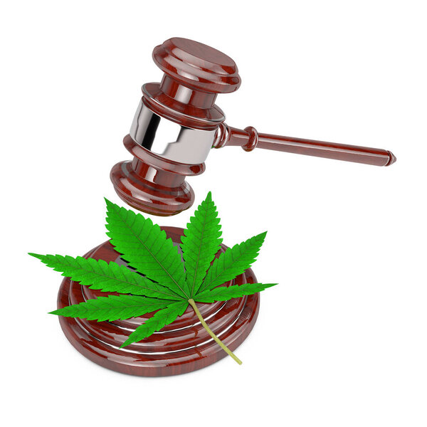 Green Cannabis Leaf with Red Wooden Judge Gavel on a white background. 3d Rendering