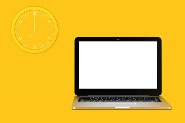 Wall Clock Laptop Komputer Pustym Ekranem Projektowania Żółtym Tle Renderowanie — Zdjęcie stockowe