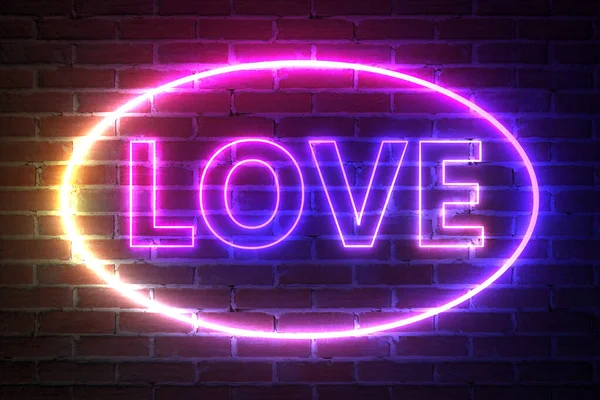 Ellipse Neon Light Frame Love Sign Front Brick Wall Rendering — Stock Photo, Image