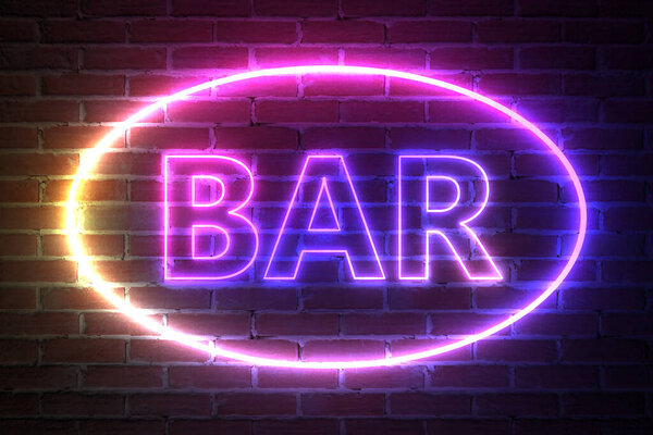 Ellipse Neon Light Frame with Bar Sign in front of brick wall. 3d Rendering