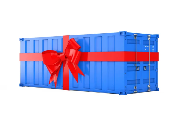 Έννοια Δωρεάν Αποστολής Blue Cargo Shipping Container Κόκκινη Κορδέλα Και — Φωτογραφία Αρχείου