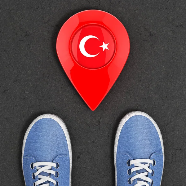 Travel Turkey Concept Blue Denim Sneakers Asphalt Road Map Pointer — Stock Photo, Image
