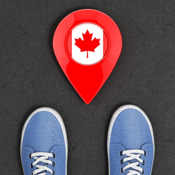 Reis Naar Canada Concept Blauwe Denim Sneakers Asfaltweg Met Kaart — Stockfoto