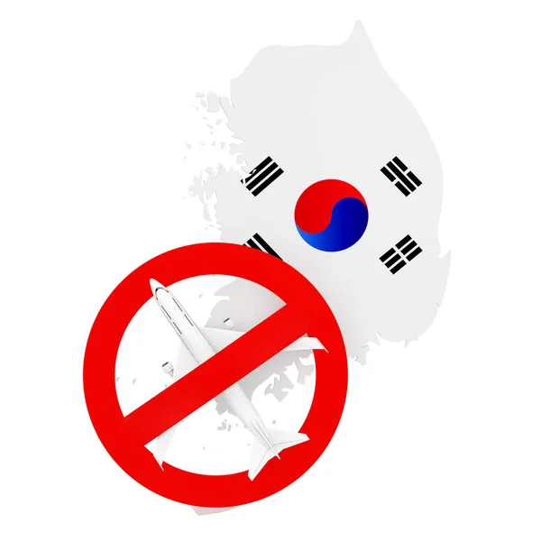 由于Coronavirus Covid 禁止往返韩国的航班 韩国地图的白色背景上有国旗和红色禁止标志的飞机 3D渲染 — 图库照片