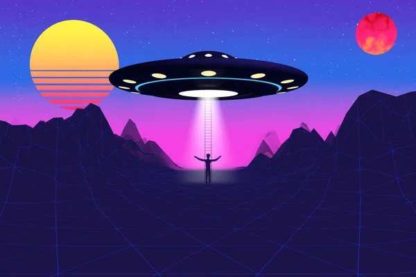 80S Synthwave Stylizowane Krajobraz Drogi Góry Rozbierane Słońce Planeta Ufo — Zdjęcie stockowe